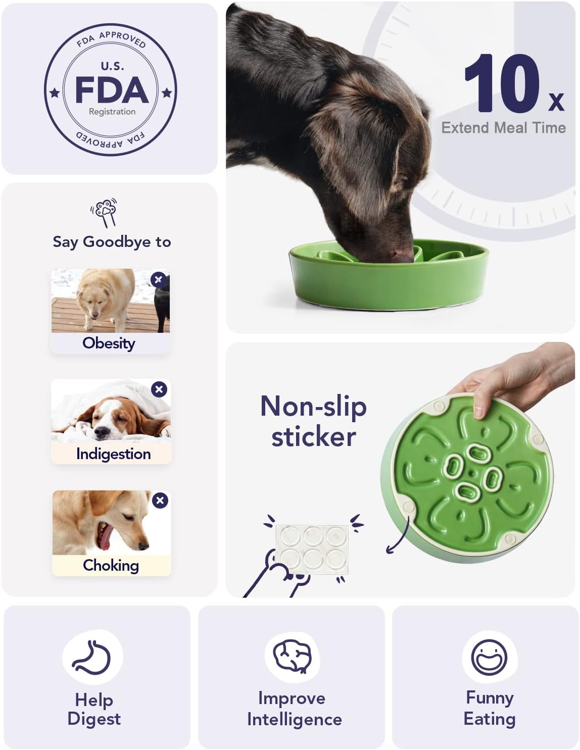 LE TAUCI Slow Feeder Dog Bowls Ceramic, 1.5 Cups Dog Food Bowl, Puppy Slow Feeder Dish for Fast Eaters, Clover Green