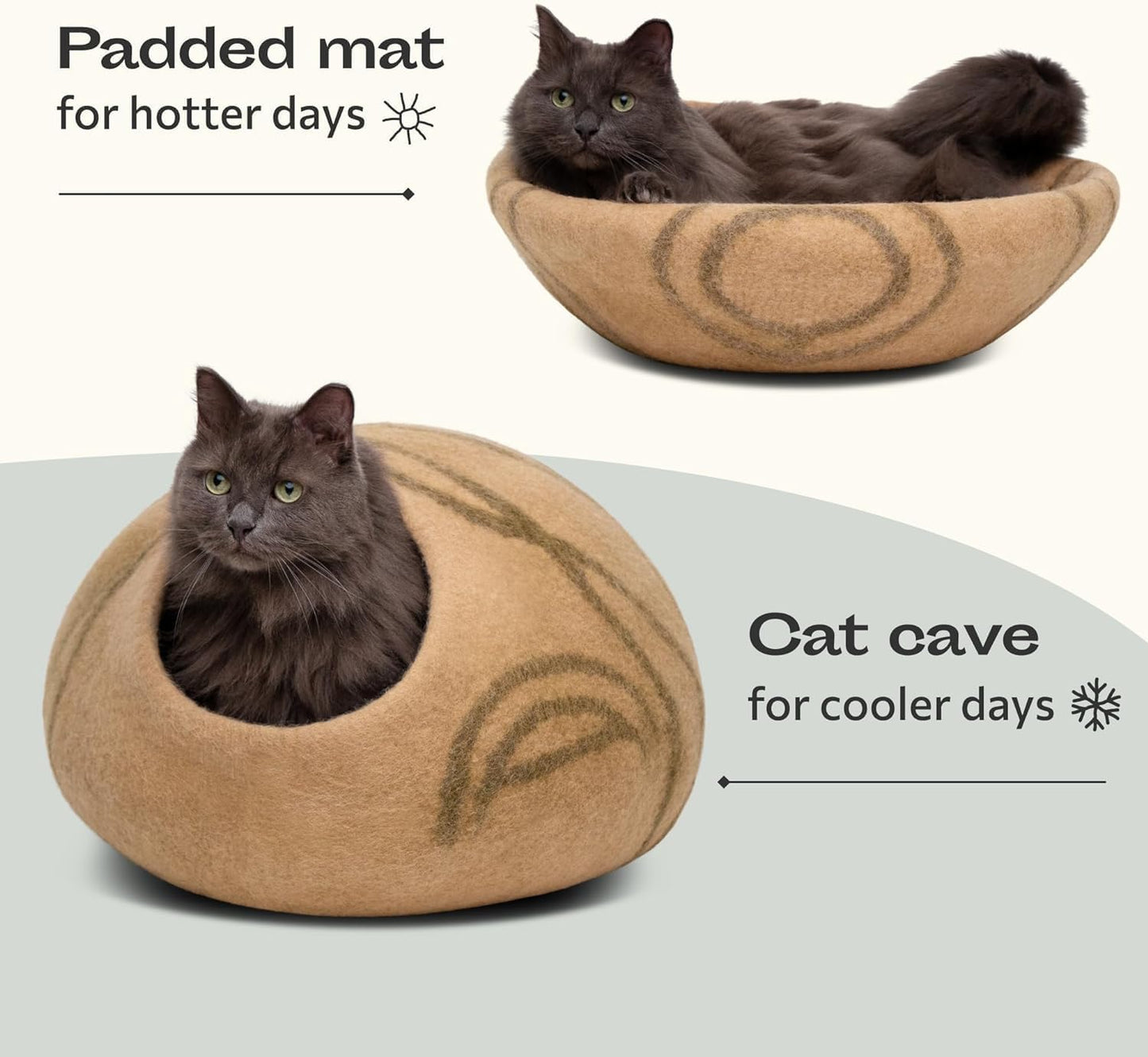MEOWFIA Cat Cave – Premium Felt Cat Bed for Indoor Cats, Handmade 100% Merino Wool (Beige, Large)
