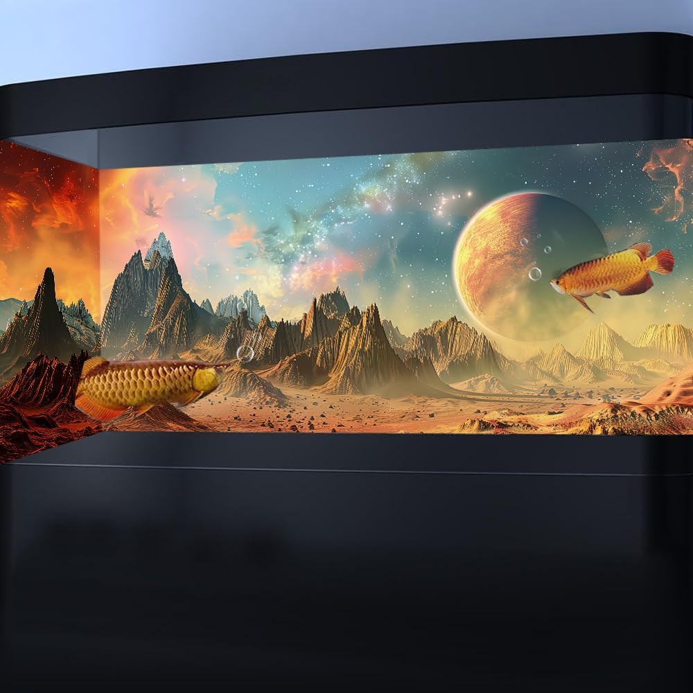 Cosmic Aquarium Background,Cool Galaxy Parallel Space Themed Fish Tank Background, Tropical Desert Terrarium Background 48X24IN with 8 EVA Double-Sided Tape
