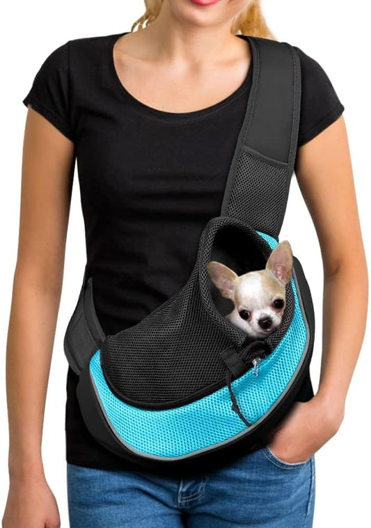 YUDODO Pet Sling Carrier for Small Dogs & Cats – Hands-Free Puppy Carrier with Safety Hook, Large Zipper Pocket, Soft Breathable Mesh, Adjustable Strap & Reflective Strip (Cyan 2.0 S)