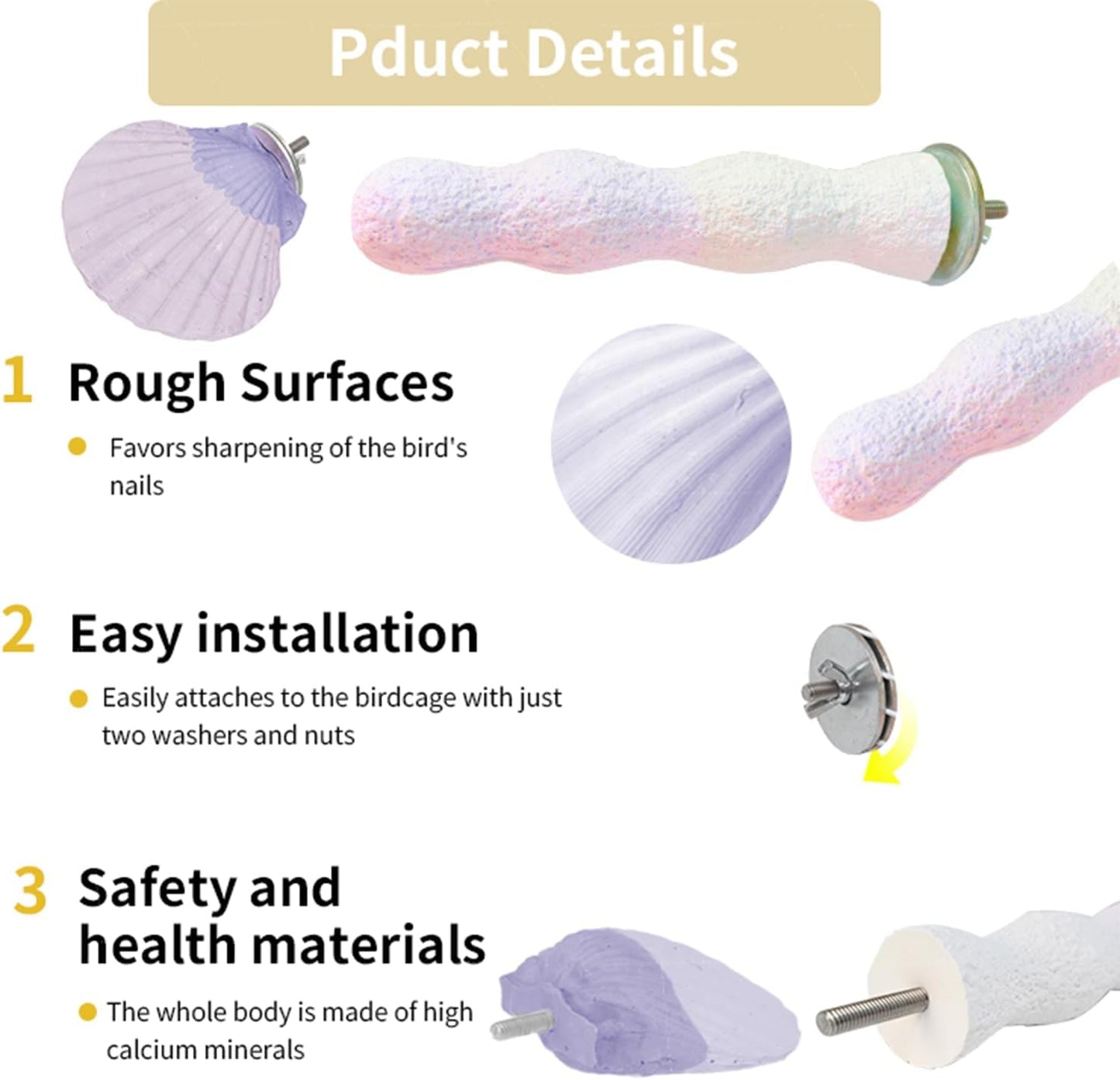 Parrot Perch Bird Perches for Cage Parrot Beak Grinding Stone Rough Surface High Calcium Mineral Colorful Cement Perch Bird Cage Accessories (Purple, Coral)