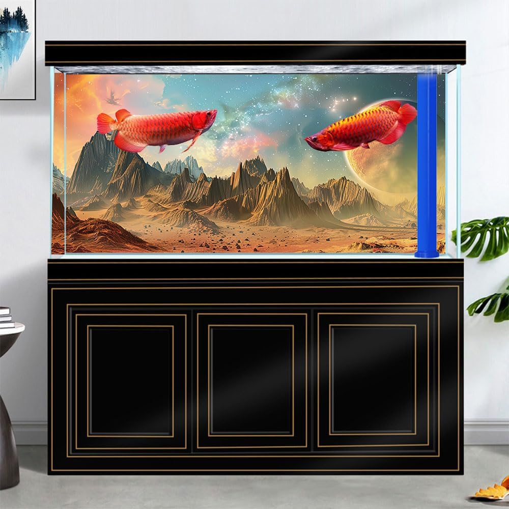Cosmic Aquarium Background,Cool Galaxy Parallel Space Themed Fish Tank Background, Tropical Desert Terrarium Background 48X18IN with 8 EVA Double-Sided Tape