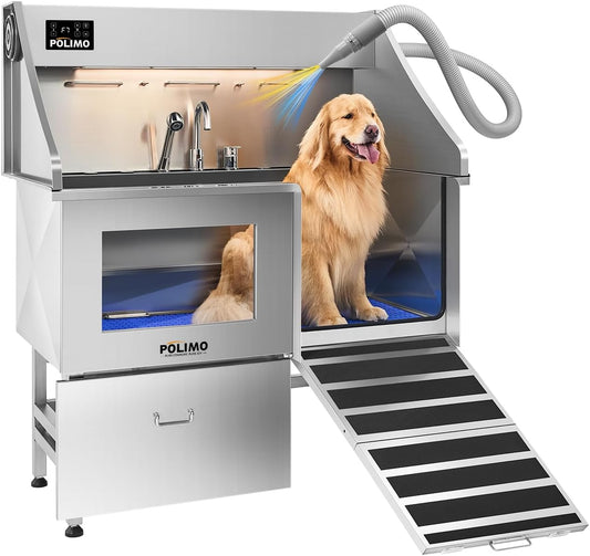 polimo Dog Washing Station with Dryer & LED, Professional Stainless Steel Grooming Tub, Dog Bathtub for Large, Medium & Small Dog, w/Window, Ramp, Drawer, Floor Grate &Fauct （Right RAMP & Dryer, 50"）