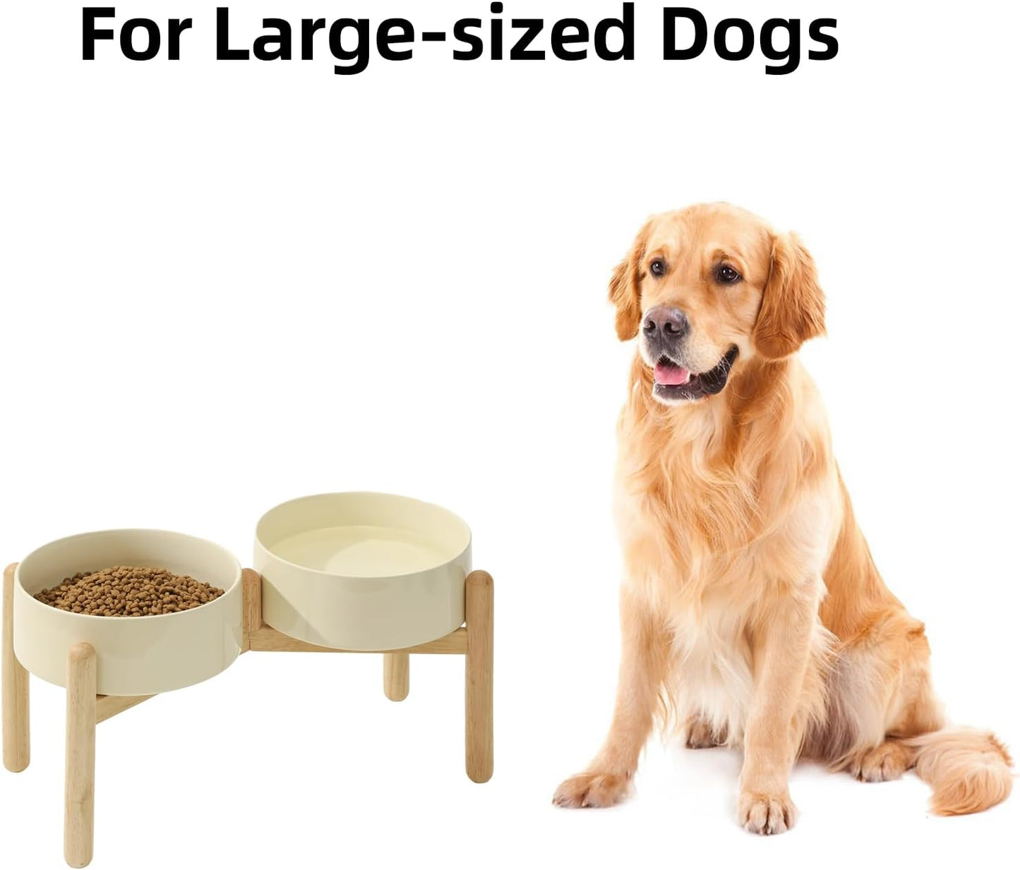 Ceramic 8.2inch Raised Dog Bowl with Stand for Large- Breed Dogs, Pet Food and Water Feeder (Double Bowl with Stand - Beige)