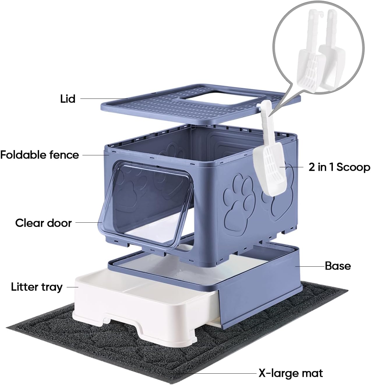 Cat Litter Box with X-Large Litter Mat and Scoop, Large Foldable Litter Box with Lid, Enclosed Kitty Box,Front Top Entry Exit, Odor Control Easy to Clean (Upgrade Midnight)