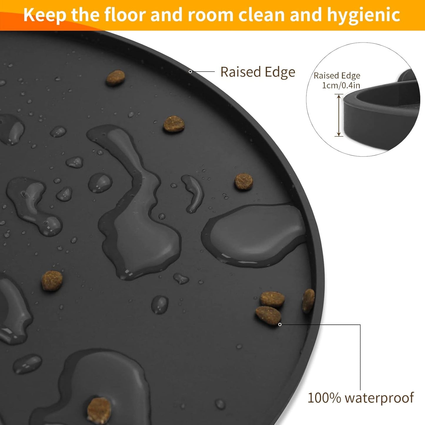 KPWACD Pet Placemat for Dog and Cat, Waterproof Silicone Dogs Feeding Bowl Mat Prevent Food and Water Overflow, High-Lips Puppy Dish Mats Suitable for Small Medium Big Pets, Black, 24" * 16"