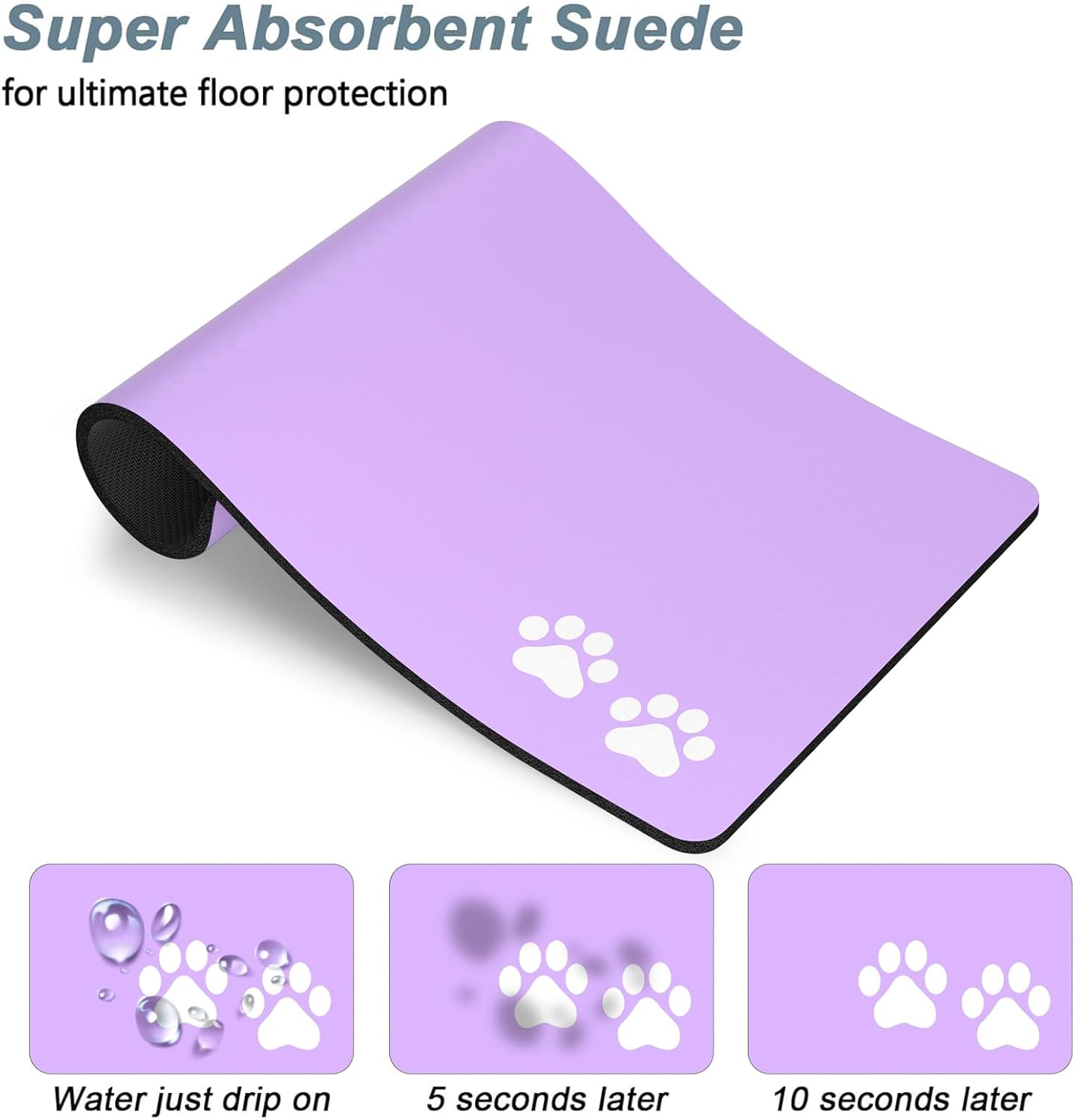 Rnivvi Dog Food Mat, 12" x 19" Footprint Absorbent Dog Cat Bowl Mat for Food and Water, Cute Anti-Slip Rubber Pet Feeding Rug Protect Floors, Puppy Placemat for Feeding & Watering Supplies, Purple