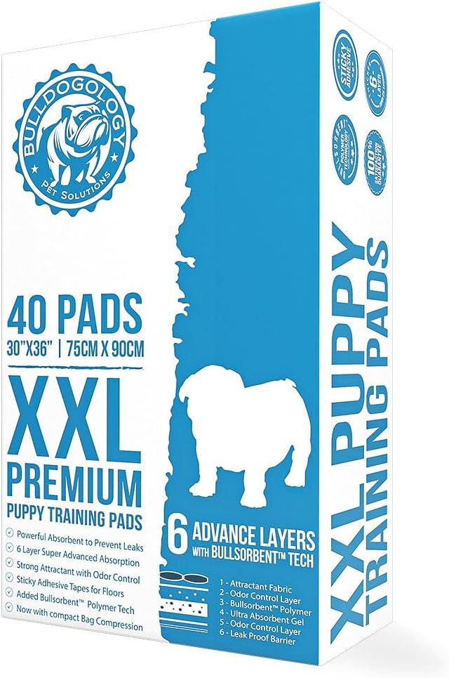 Bulldogology Premium XXL Puppy Pads with Adhesive Tabs - Dog Pads Extra Large (30x36) - Leak Proof Dog Pee Pads Extra Large - Ultra Absorbing Extra Large Puppy Pads (40-Count, White)