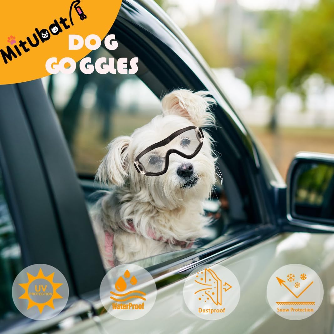 Dog Goggles Small Breed Dog Sunglasses with Adjustable for UV Protection Eyewear Doggy Doggie Puppy Glasses Anti-Fog Wind Dust Snowproof (Black Frame Transparent Lens)