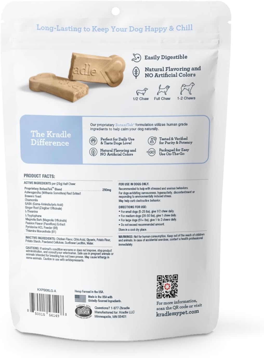 Kradle Chillers Hard Chews for Dogs - GABA L-Theanine - Occasional Anxiety Support - Chicken Flavor - 12 Hard Chews