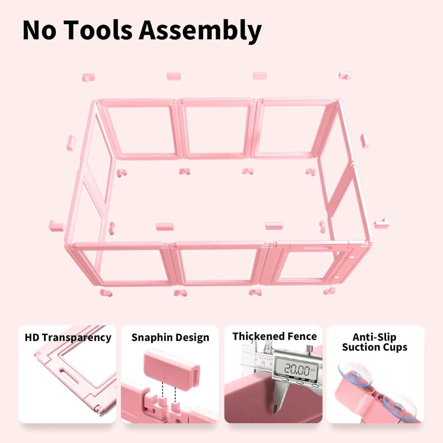 DIY Clear Acrylic Dog Playpen House,Quick Easy Assembly and Disassembly,Strong Floor Suction,Indoor and Outdoor Use,Easy Cleansing Puppy Fence (Sakura Pink, 23.6" H, 12PCS)