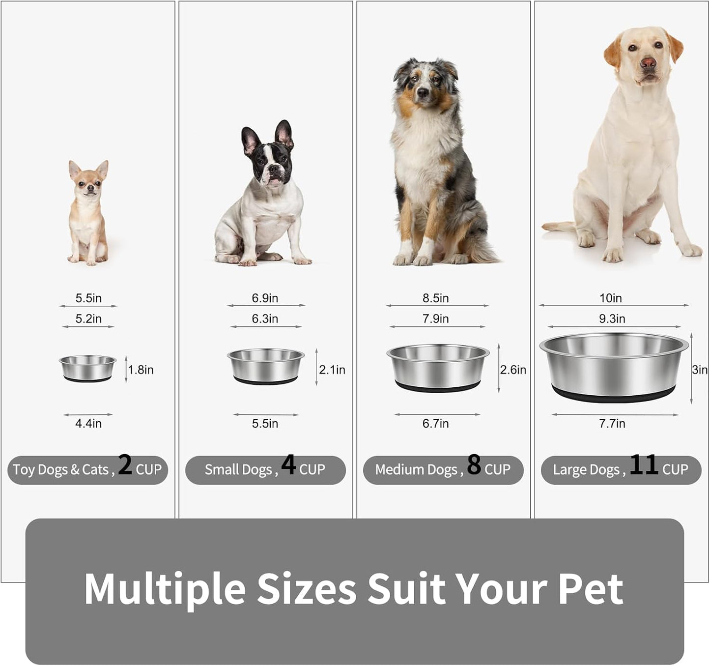 Taglory 11 Cup Stainless Steel Dog Bowls Set of 2 for Food and Water, Silicone Base Anti-Slip, Rust Resistant, Extra Thick Metal Bowls for Large Dogs, 84oz, Black