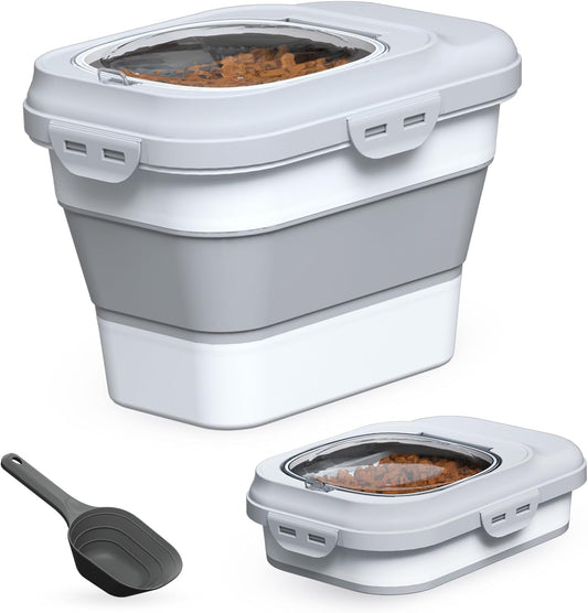Dog Food Storage Container, 10-13lbs Collapsible Dog Cat Food Containers with Airtight Clear Flip-top and Pet Food Scoop, Pet Food Storage Container Bin for Dog Cat Bird and Other Pets Grey