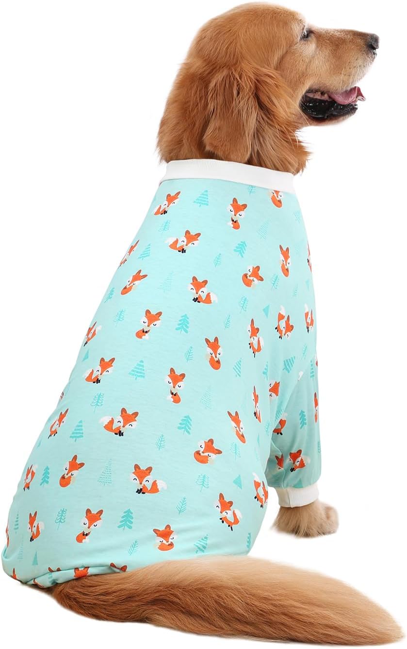 HDE Dog Pajamas One Piece Jammies Jumpsuit Pet Clothes Outfit Stretchy Lightweight Comfy Shirt Pjs for M-3XL Dogs Winter Foxes - 3XL