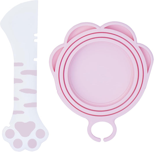 Meow&Woof Cute Cat Pet Can Food Cover with Spoon - One Lid and One Spoon Pack (White&Pink)
