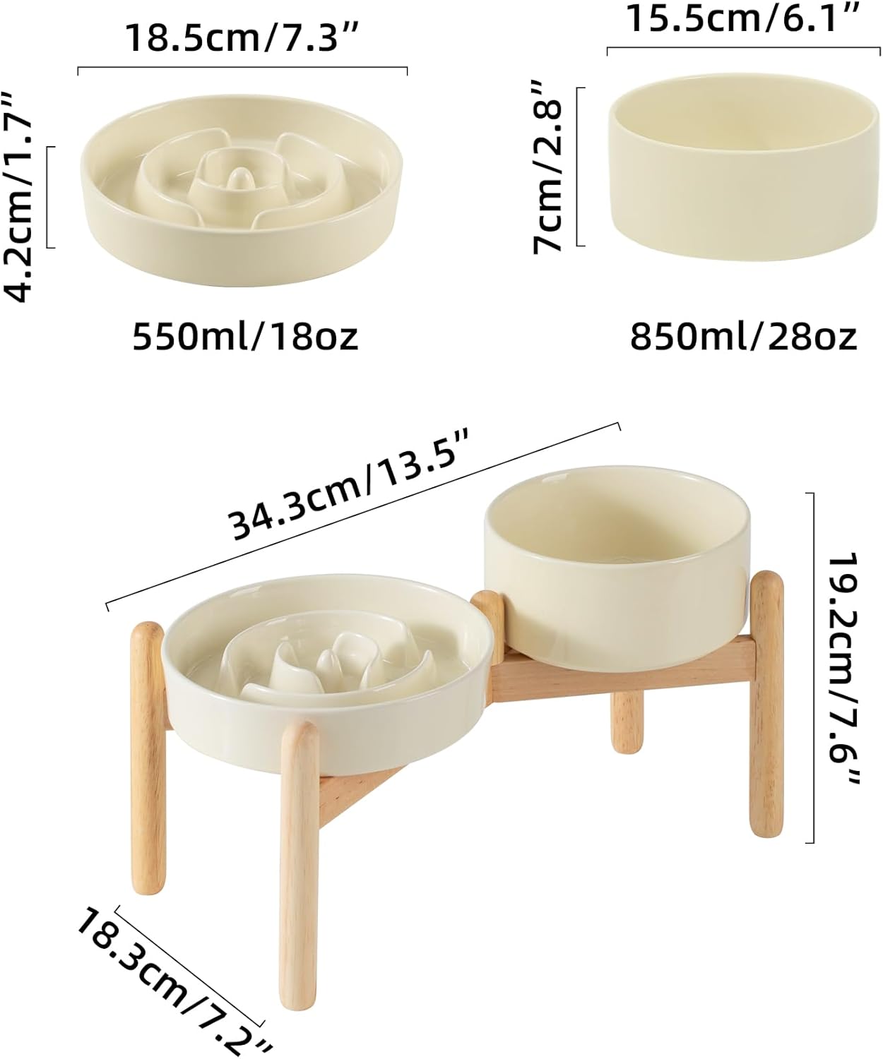 Ceramic Raised Slow Feeder Dog Bowl Set, Elevated 6.1inch Bowl and 7.3inch Puzzle Slow Food Dish with Wooden Stand for Small and Medium Dog, Anti-Gulping (2X Beige+ Stand)