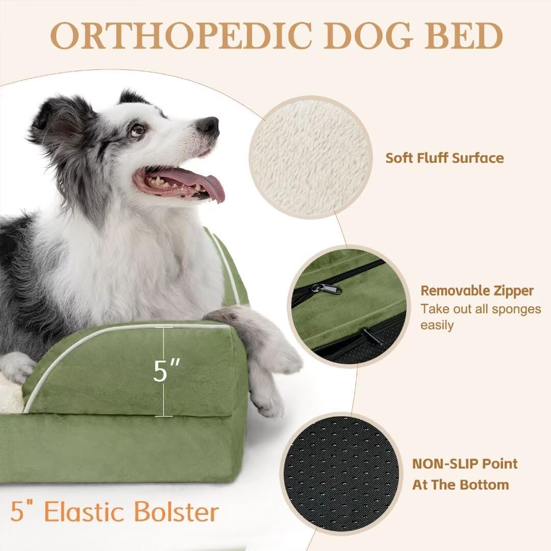 Comfort Expression Orthopedic Bolster Dog Beds Extra Large, XL Dog Beds Waterproof Dogs Beds, Washable Dogs Beds Sofa with Removable Cover & Non-Slip Bottom(X-Large,Light Green)