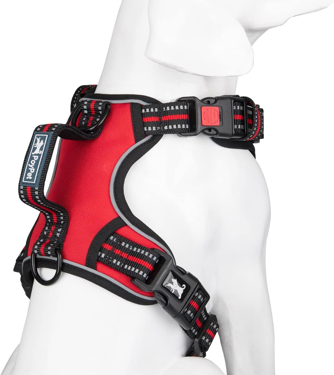 PoyPet No Pull Dog Harness, No Choke Front Clip Reflective Dog Vest with Soft Padded Vertical Handle, 3 Leash Attachments for Small Medium Large Dogs (Red,XL)