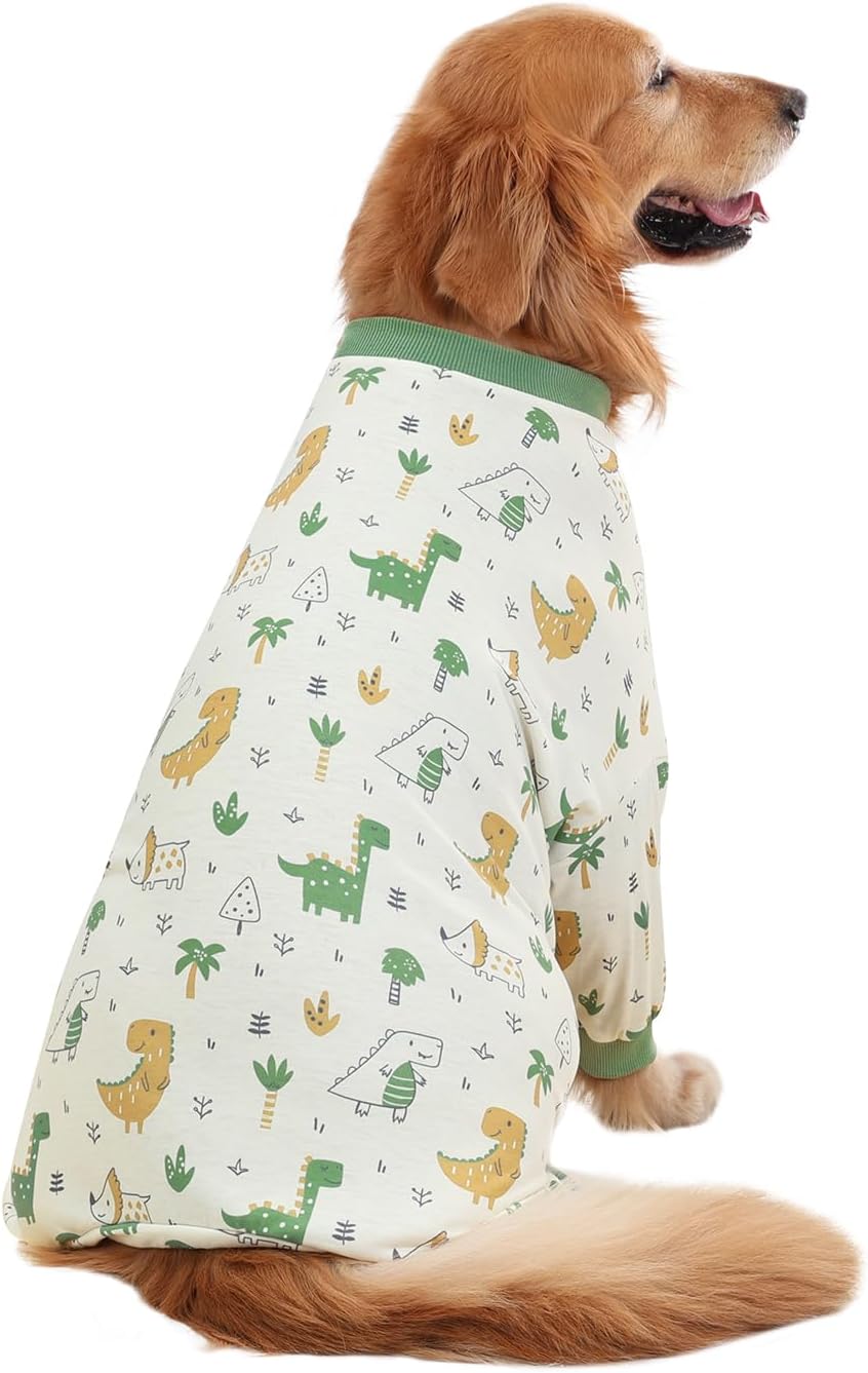 HDE Dog Pajamas One Piece Jammies Jumpsuit Pet Clothes Outfit Stretchy Lightweight Comfy Shirt Pjs for M-3XL Dogs Forest Dinos - XL