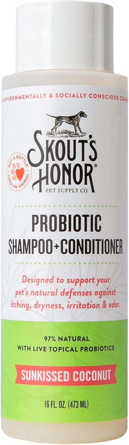 Skout's Honor Probiotic Dog Shampoo & Conditioner with Avocado Oil & Omega-3s, 97% Natural, Paraben & Sulfate-Free, Cruelty-Free, 16oz, Sunkissed Coconut