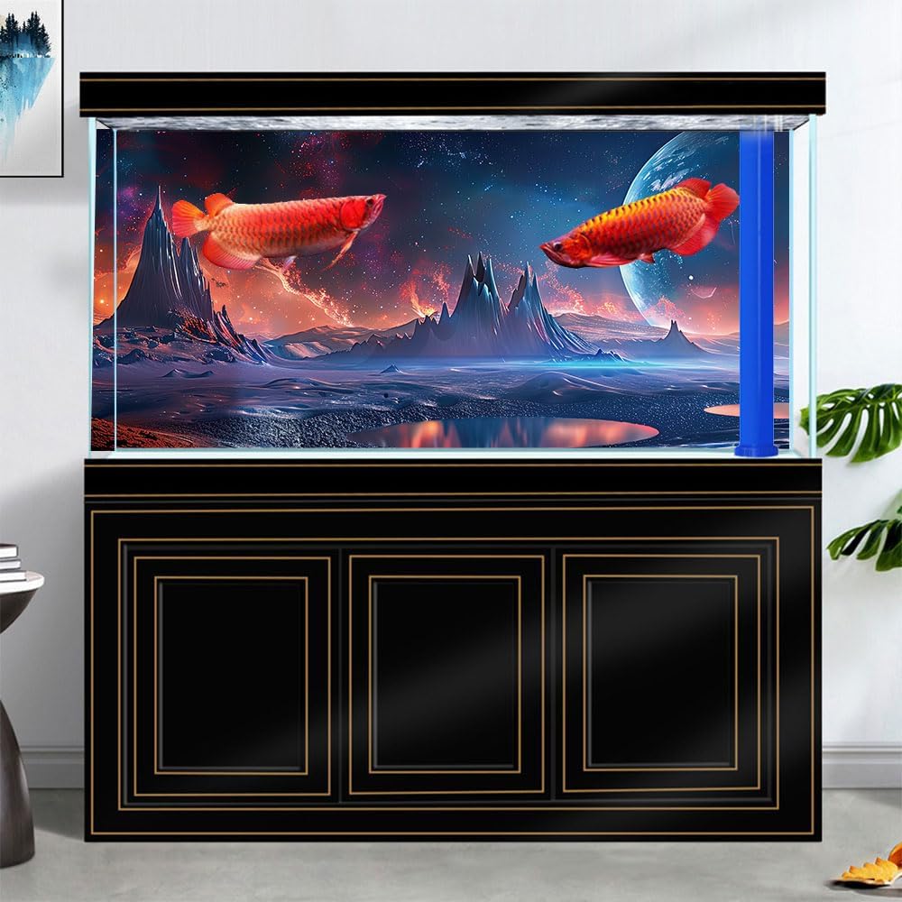 Scarlet Cosmic Aquarium Background,Cool Galaxy Parallel Space Themed Fish Tank Background, Tropical Desert Terrarium Background 48X18IN with 8 EVA Double-Sided Tape