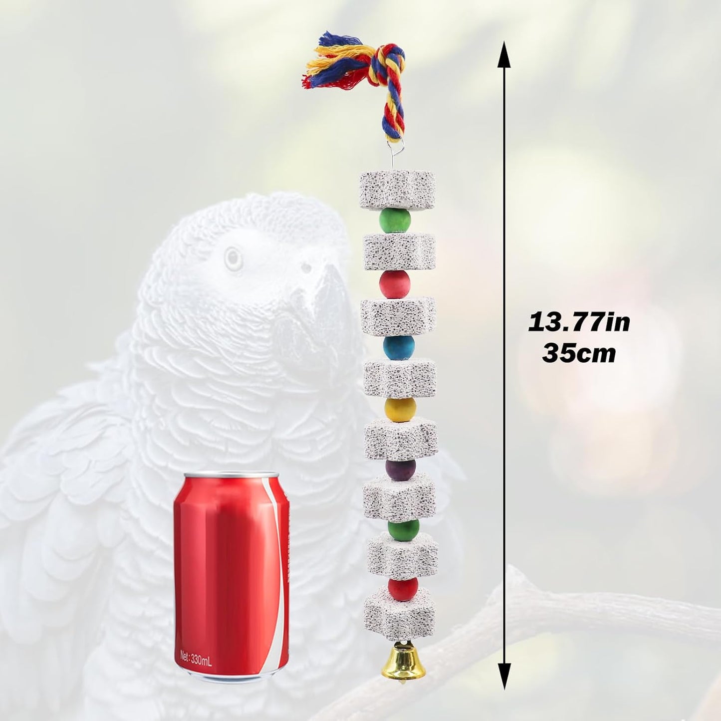 2 Pack Mineral Block Chew Toys with Colorful Beads and a Bell, Bird Beak Grinding Stone, Cage Accessories for African Grey, Budgies, Cockatiels, Small to Medium Birds