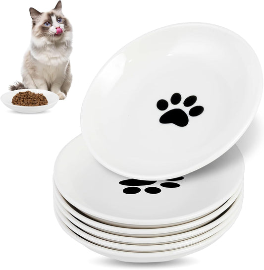 6 Pack Cat Food Bowl, Ceramic Cat Bowls, Anti Whisker Fatigue Cats Bowl Set,5.5 Inches Shallow Wide Kitten Plates for Food and Water (Cat's Paw Style)