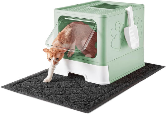 Cat Litter Box with X-Large Litter Mat and Scoop, Large Foldable Litter Box with Lid, Enclosed Kitty Box,Front Top Entry Exit, Odor Control Easy to Clean (Upgrade Green)