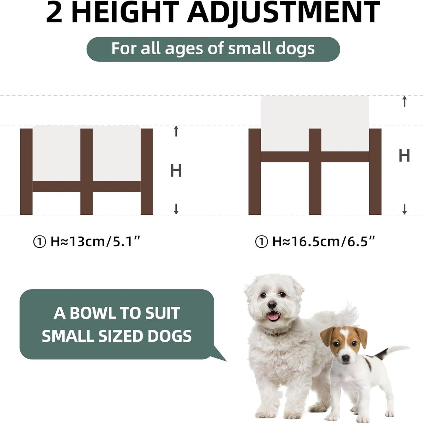 Ceramic 6.1inch Raised Dog and Cat Bowl Set, 2 Heights Elevated with Acacia Wood Stand, Food and Water Bowl for Small Breed Dogs, Weighted Dog Dishes(27oz, Arctic White)