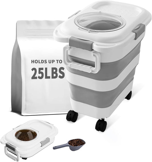 25 Lbs Dog Food Storage Container, Collapsible Dog Food Container with Scoop for Pet/Dog/Cat/Bird Food,Keep Dry Food Fresh,Easy to Move (White)