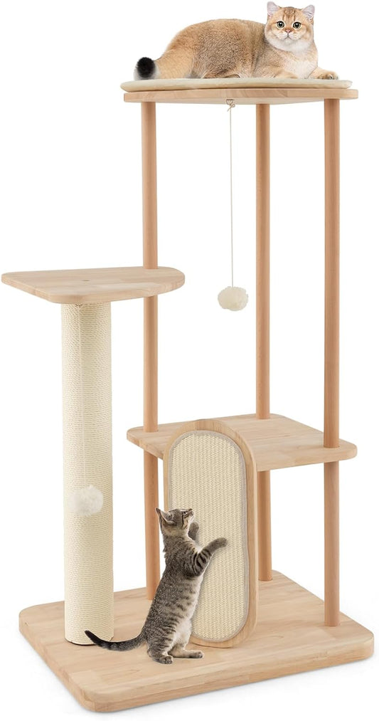 Tangkula Wood Cat Tree for Indoor Cats, Multi-Level Modern Cat Tower with Sisal Scratching Board & Post, Padded Perch, Platform, Hanging Toy, Minimalist Kitten Activity Center for Small & Medium Cats
