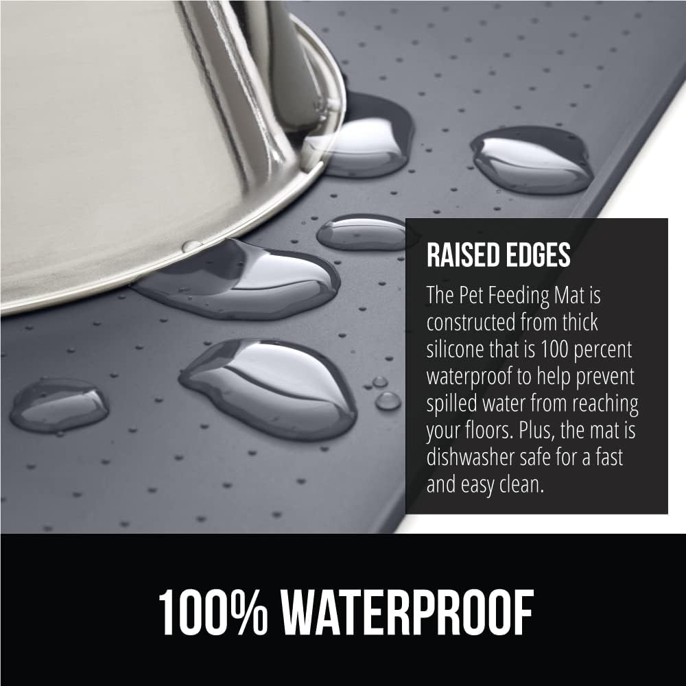 GORILLA GRIP 100% Waterproof Raised Edge BPA Free Silicone Pet Feeding Mat, Dog Cat Food Mats Contain Spills Protects Floors, Placemats for Cats and Dogs Water Bowl, Pets Accessories 23x15 Gray