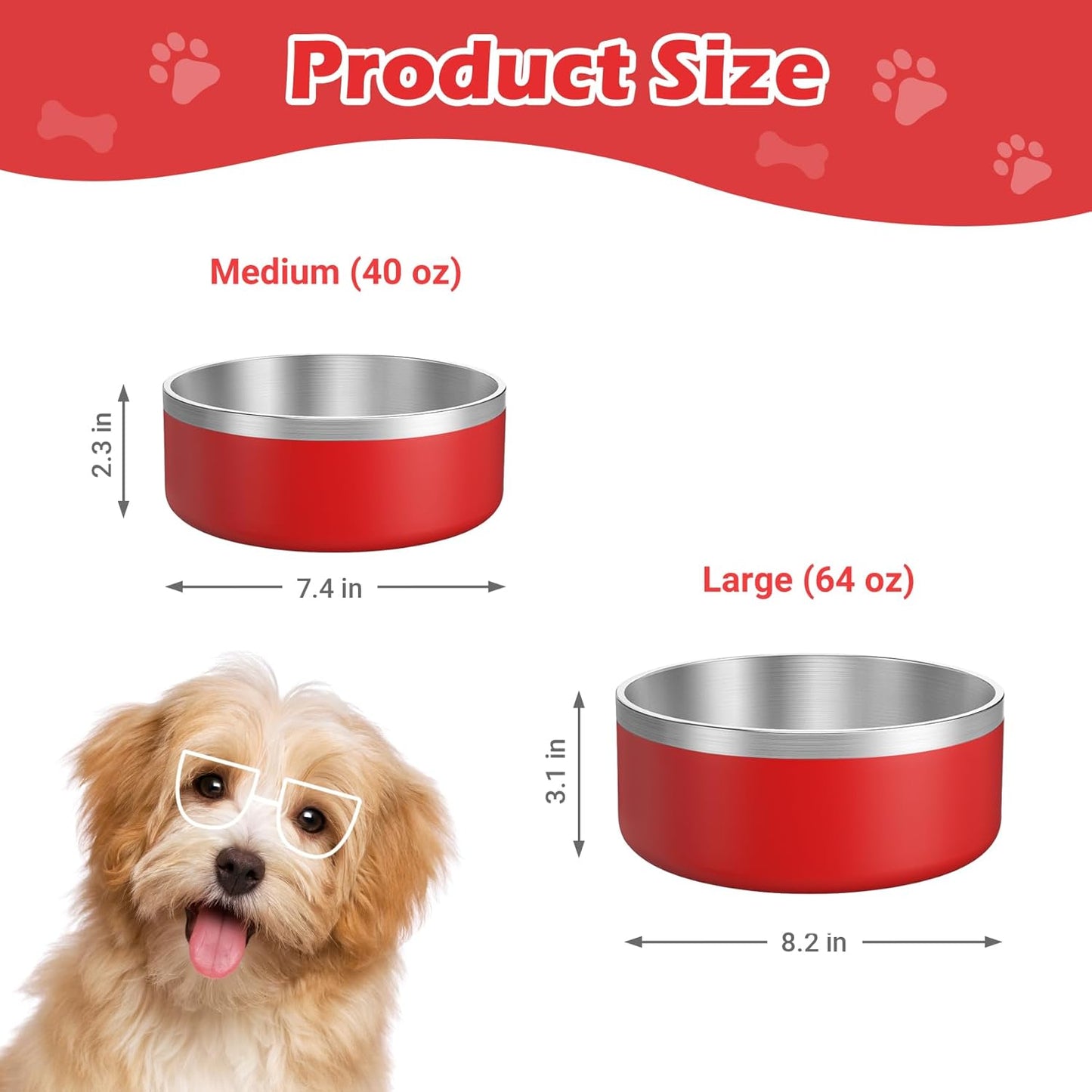 LIANLAI Dog Bowls, Rust-Resistant Stainless Steel Dog Bowls, Non-Slip Double-Walled Pet Dishes, Dishwasher Safe (Red，40 oz)