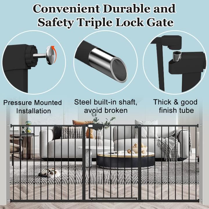 WAOWAO Triple Lock Baby Gate Extra Wide 44.48-48.42" Pressure Mounted Walk Through Swing Auto Close Safety Black Metal Dog Pet Puppy for Stairs,Doorways,Kitchen