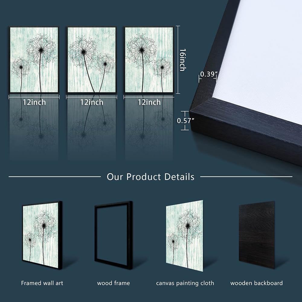 AHUASJART Black Framed Wall Art for Living Room Wall decor for Bedroom Room Decor light green background Pictures Dandelion Paintings posters kitchen Home Decorations 3 Piece Framed Prints Artworks