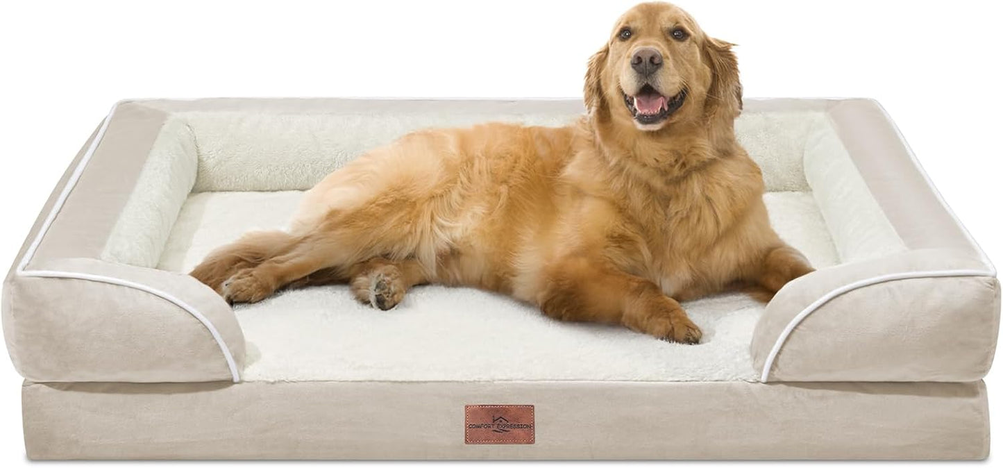 Comfort Expression XL Dog Beds for Extra Large Dogs, Waterproof Orthopedic Dog Bed with Bolster, Washable Pet Sofa Couch with Removable Cover & Non-Slip Bottom(X-Large,Beige)