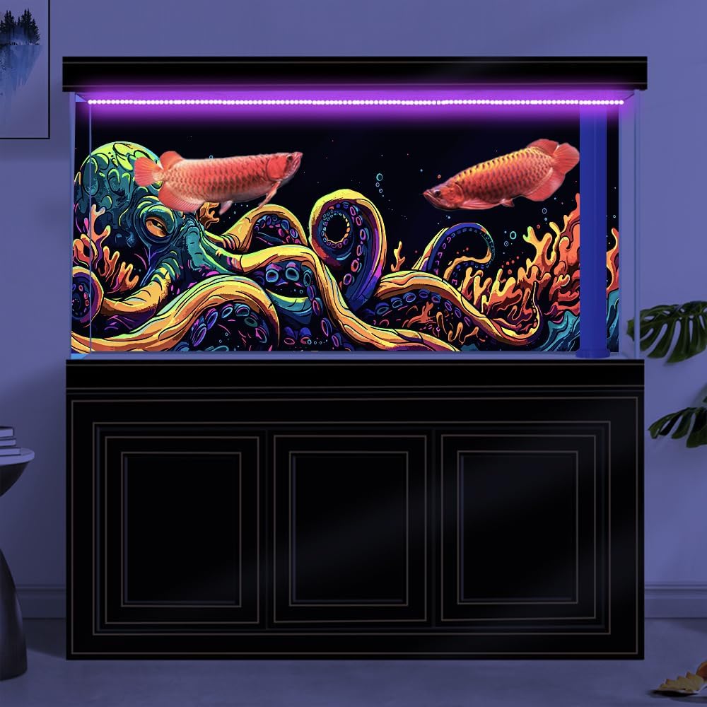 36X20IN Blacklight Octopus Sea Monster HD 3D Black Light Aquarium Background UV Reactive Background Terrarium Background with 10 EVA Double-Sided Tape