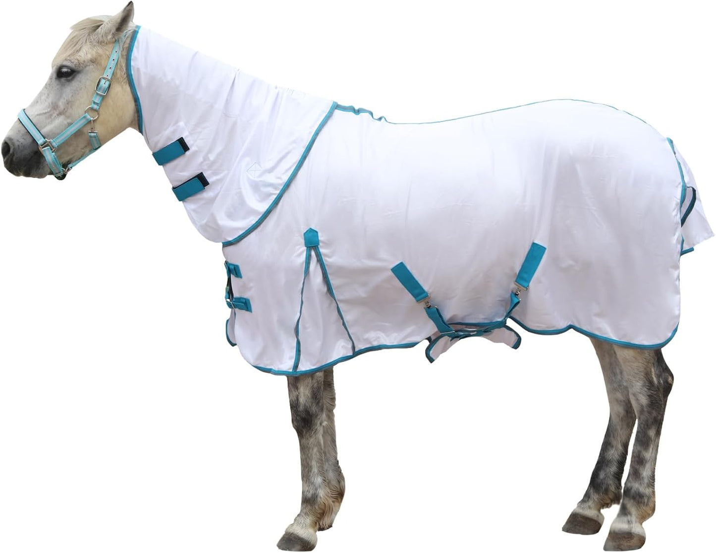 Horse Fly Sheet with Detachable Neck Cover & Belly Wrap, Adjustable Fly Sheet for Horses, Ventilated Airflow Mesh Equine Cooling Summer Flysheet White 81