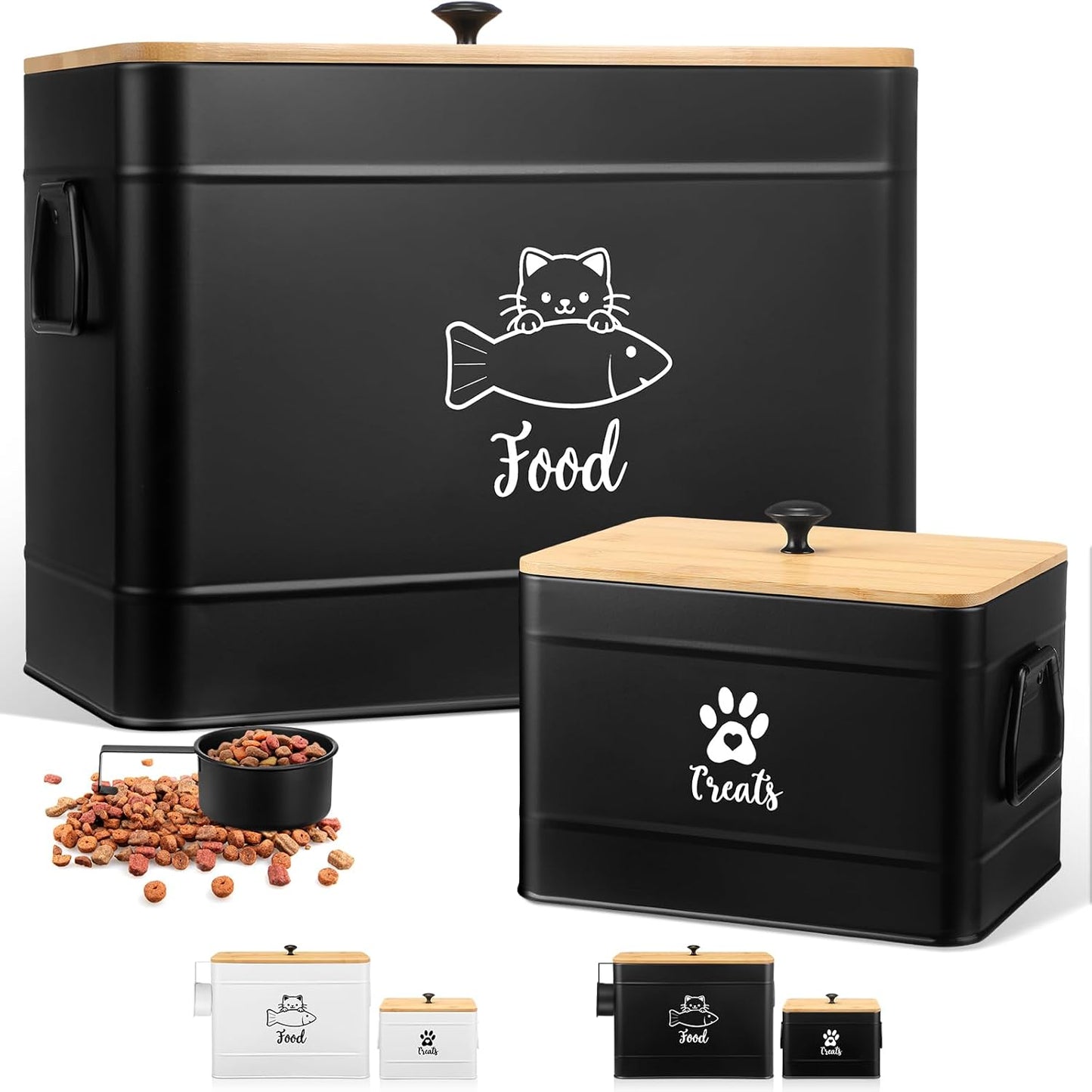 Extra Large Metal Cat Food Containers Airtight 12+3.5 lbs Cat Treat Snack Jars Set of 2 with Bamboo Lids and Spoons Farmhouse Big Pet Cookie Storage Jars for Kitchen Counter Gifts(Black)