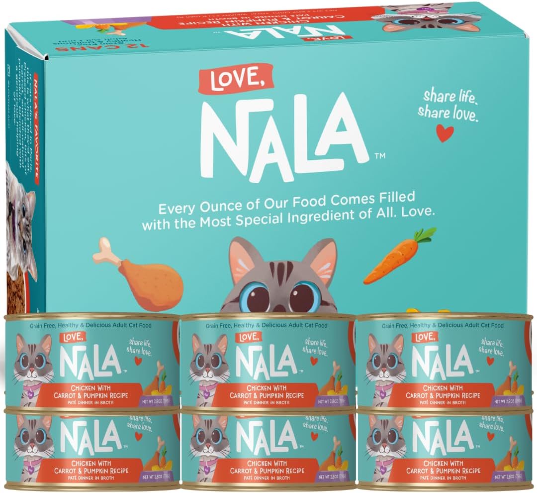 LOVE, NALA - Natural Adult Cat Wet Food - Pate Chicken with Carrot & Pumpkin Recipe- Grain Free, Non-GMO, Lean Protein, Digestive Fiber Blend, Added Minerals & Vitamins - 12 Pack 2.4 lbs.