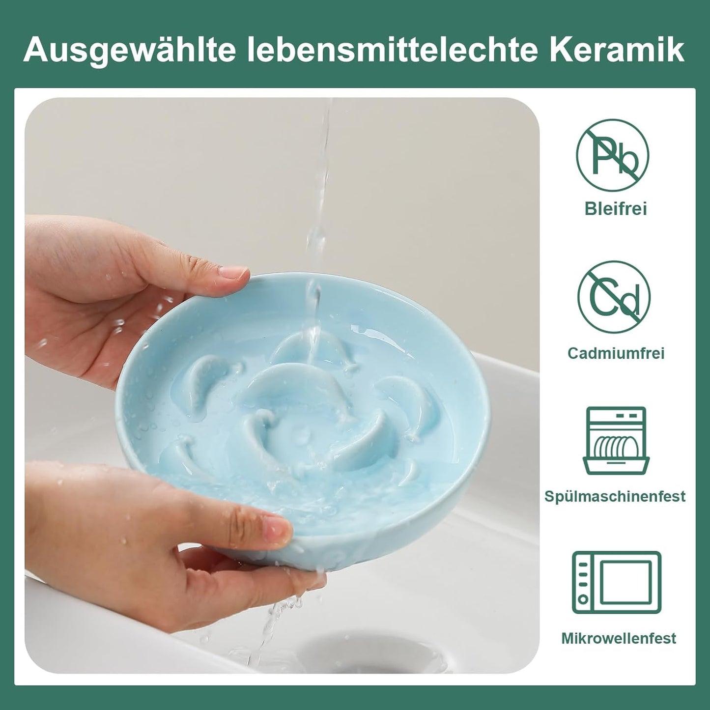 Ceramic Cat Slow Feeder Bowl - Pastel Series Cat Plate for Dry and Wet Food - Cute Maze Feeder Dish for Healthy Eating - Dishwasher Safe - 6.3''W x 1.2''H - 7 OZ - Pale Blue