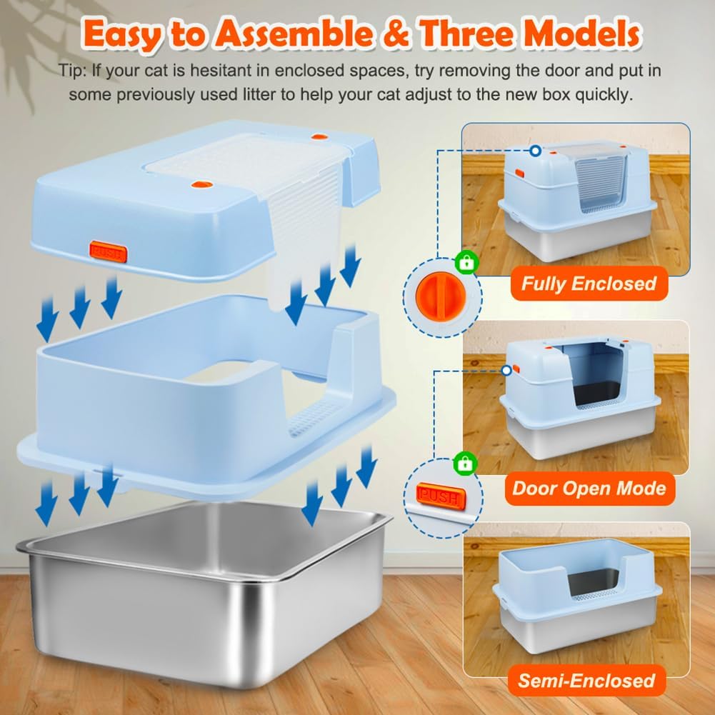 Vivifying Stainless Steel Litter Box with Lid, XL Side Entry Extra Large Litter Box for Big Cats & Kitty, Removable Enclosed Metal Cat Pan with High Sided Enclosure, Scoop, Mat, Footboard (Blue)