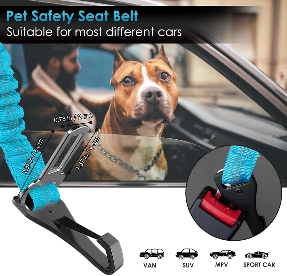 SlowTon Dog Seat Belt, Adjustable Dog Safety Belt Leash, 2 in 1 Latch Bar Attachment Dogs Car Seatbelt with Elastic Nylon Bungee Buffer, Reflective Nylon Belt Tether (TB,35.5in)