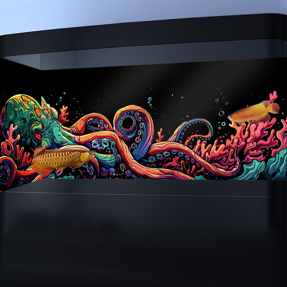 72X16IN Blacklight Octopus Sea Monster HD 3D Black Light Aquarium Background UV Reactive Background Terrarium Background with 10 EVA Double-Sided Tape