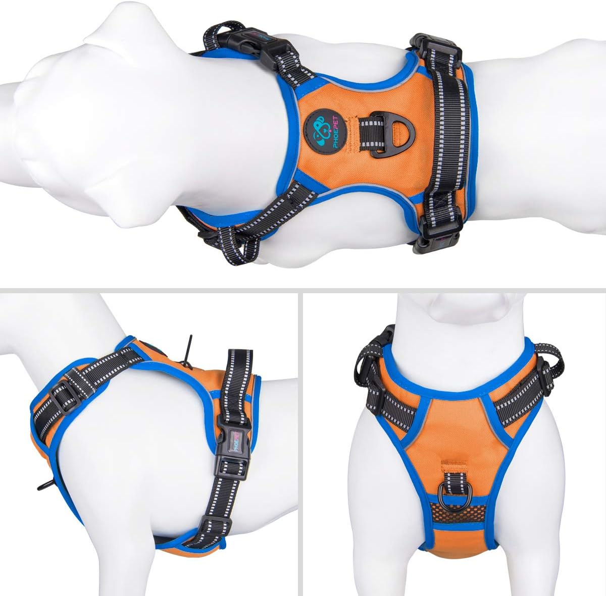 PHOEPET 2019 No Pull Dog Harness Medium Reflective Front Clip Vest with Handle,Adjustable 2 Metal Rings 3 Buckles,[Easy to Put on & Take Off](M, Orange)