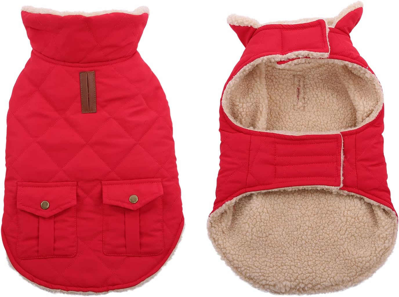 Queenmore Warm Dog Coat, Cold Weather Puffer Dog Jacket Ultra Thick Plush Lining with Storage Pockets (Red, Small)