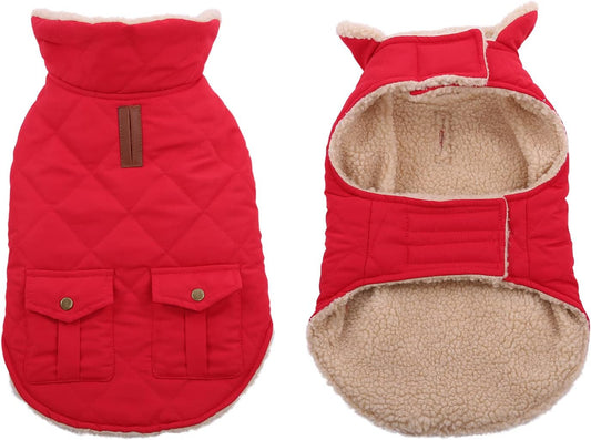 Queenmore Warm Dog Coat, Cold Weather Puffer Dog Jacket Ultra Thick Plush Lining with Storage Pockets (Red, Small)