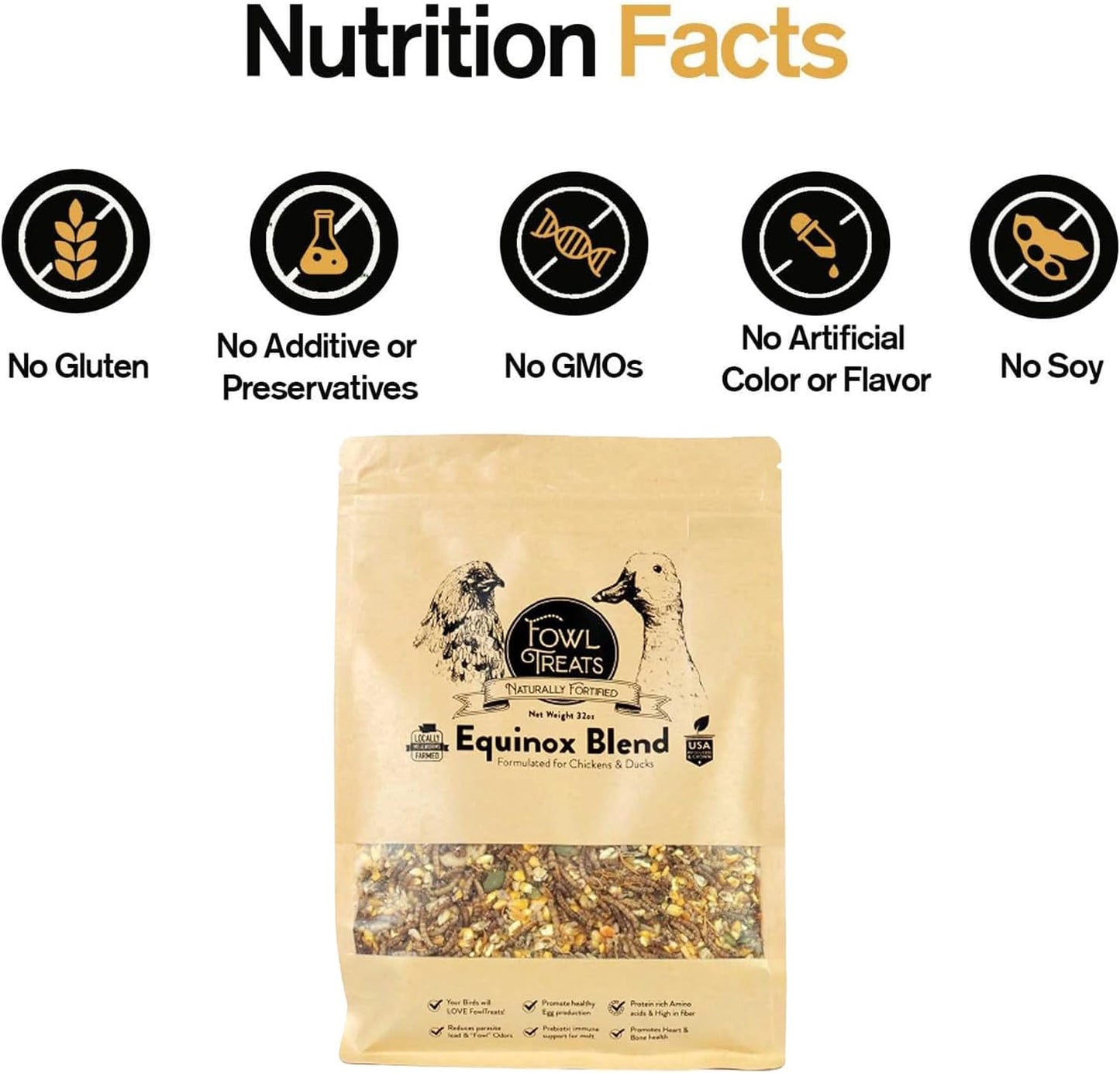 Naturally Fortified Treats – Protein Rich Supplement Suitable for Chickens, Hens and Ducks, Hand Mixed with USA Grown Ingredients – Equinox Blend – 32oz