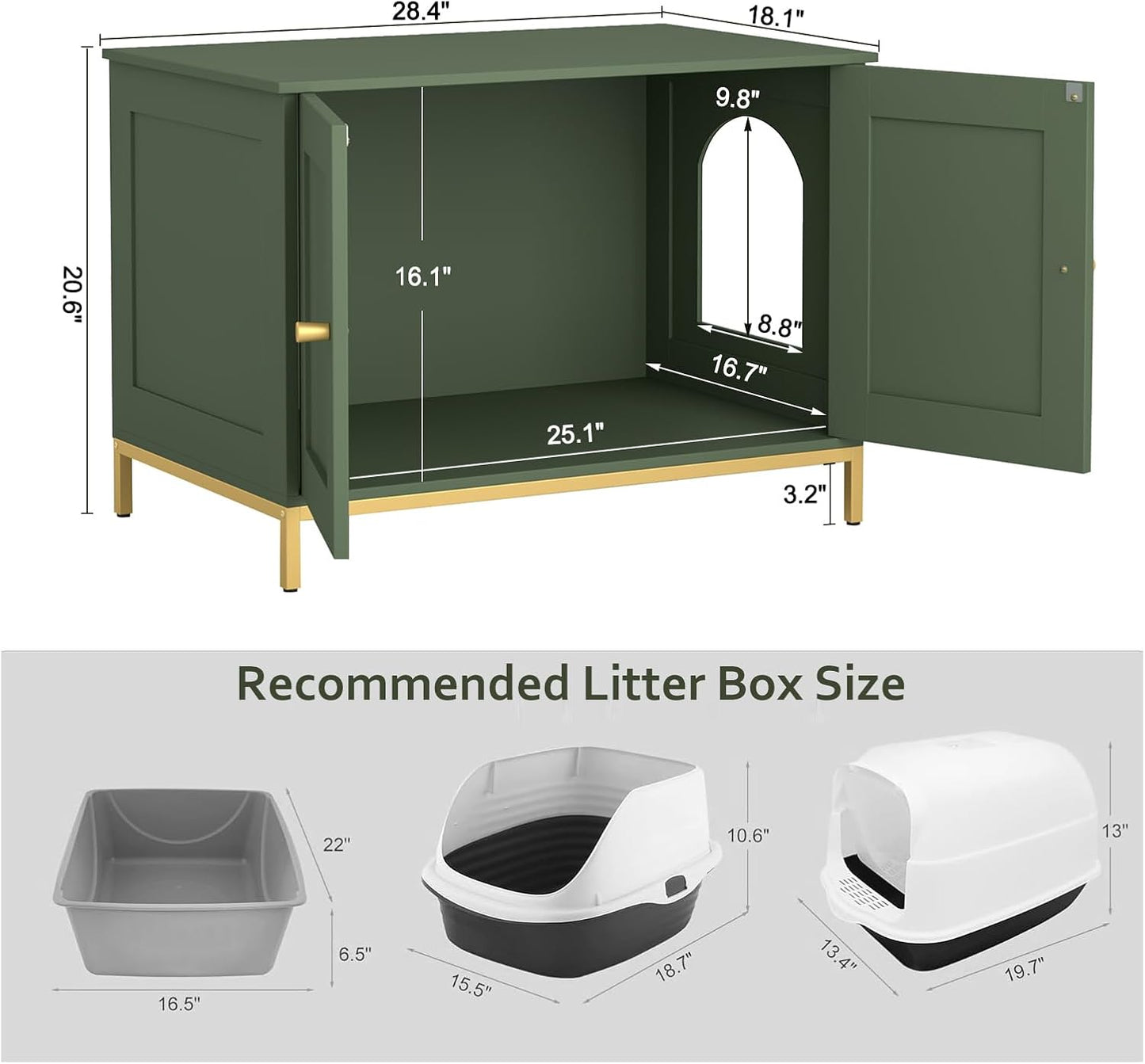 Homhedy Cat Litter Box Enclosure, Cat Washroom Furniture with Metal Frame, Pet House, Fit Most of Litter Box, Modern Style, Green and Gold
