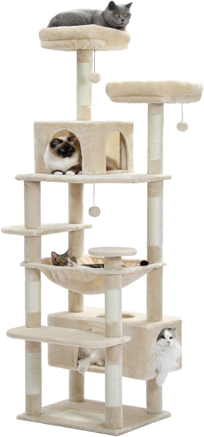 PAWZ Road Large Cat Tree, 72 Inches Cat Tower for Large Cats, Cat Condo with Sisal-Covered Scratching Posts and Pads, 2 Padded Perch, Dual Condo and Basket for Indoor Cats-Beige